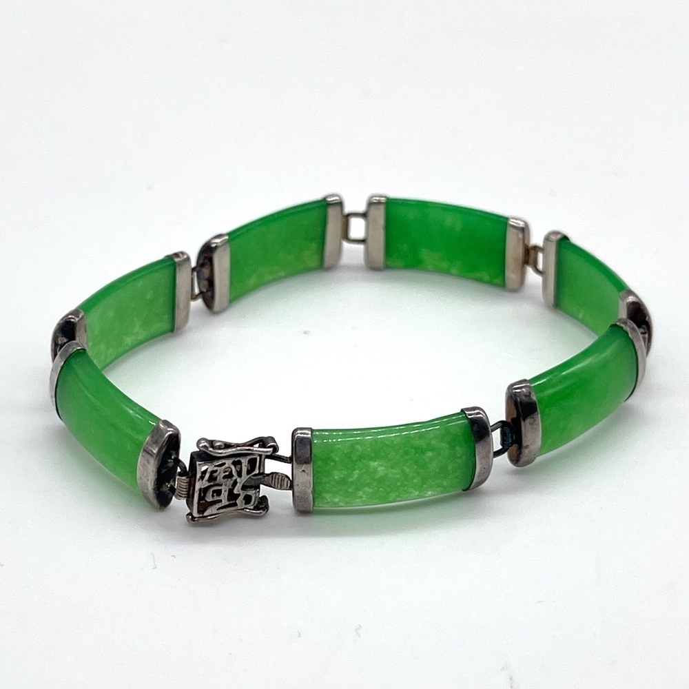 Chinese Vintage 925 Sterling Silver Apple Jade links Bracelet - Picture 3 of 5
